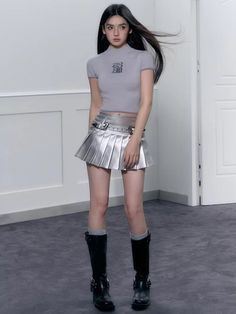 Cyberpunk Metallic Mini Skirt Metallic Mini Skirt, Statement Tops, Fall Sweaters For Women, Crop Pullover, Jogger Pants Casual, Denim Hoodie, Futuristic Style, Cyberpunk Aesthetic, Bubble Skirt