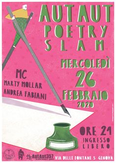 an advertisement for the artful poetry slam, featuring a green and white vase with a pencil sticking out of it