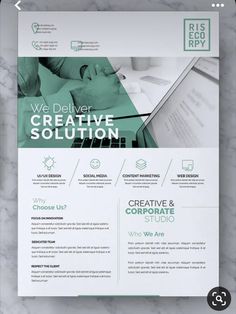 a white and green flyer for a company