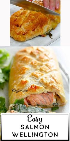 This salmon Wellington is perfectly moist baked salmon on a bed of creamy sautéed spinach and wrapped in golden, flaky puff pastry. Best Salmon, Salmon Dinner, Easy Salmon, Baked Salmon Recipes, Sauteed Spinach, Salmon Dishes