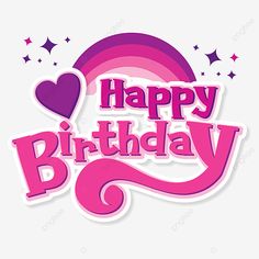 a happy birthday card with pink and purple lettering on a white background, text, illustration png and psd