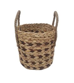 a woven basket with two handles is shown on a white background and has brown trim