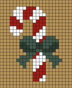 A pixel art template of a Candy Cane with a green bow tied on it. Gingerbread Man Pixel Art, Knit Candy Cane, Gingerbread House Pixel Art, Candy Cane Pixel Art, Candy Cane Cross Stitch Pattern, Cross Stitch Candy Cane, Christmas Crochet Pixel Grid, Crochet Grid Patterns Christmas