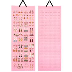 two pink wall hangings with earrings on them