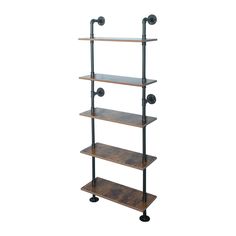 three tiered shelving unit with metal pipes and wood shelves on each side, against a white background