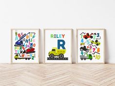 three children's wall art prints featuring trucks and letters