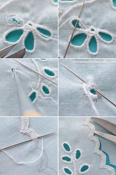 four pictures showing how to sew with scissors and thread, including the first stitch