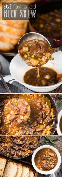 the process of making beef stew is shown in three different pictures, including bread and gravy