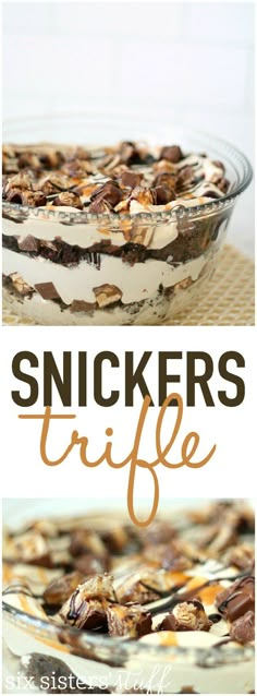 two different desserts with the words snickkers tripe on top and bottom