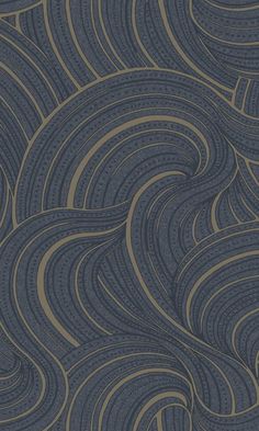 an abstract blue and gold wallpaper with wavy lines on the side, in shades of grey