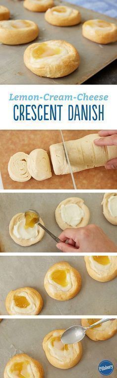 the process of making homemade crescent danish breads is shown in three different pictures, including one being spread with butter