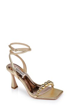 Gold Cailey Strappy Stiletto Sandal with Balled Vamp Front Side Gold Bridal Shoes, Gold Wedding Shoes, Flat Booties, Strappy Stilettos, Platform Stilettos, Metallic Sandals, Stiletto Sandals, Silver Heels, Open Toe Sandals