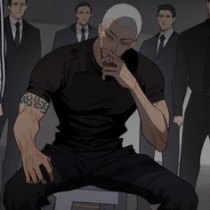 an animated image of a man sitting in front of a group of men wearing suits