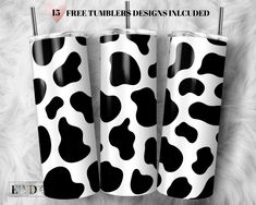 three black and white cow print tumblers with the words free tumbler designs included