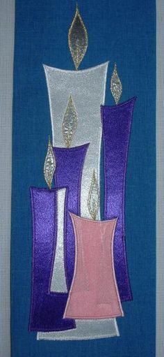 a blue and purple wall hanging with two vases