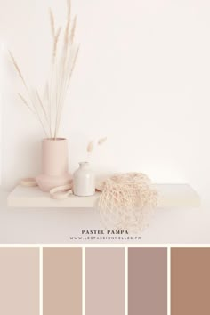 a vase with some flowers on it next to a wall color swat list for the pastel palette