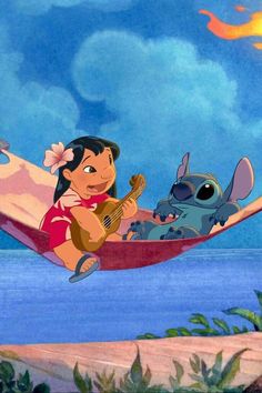 the hula girl and baby stitch in a hammock