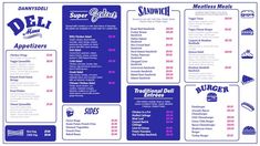 the deli menu is shown in blue and pink