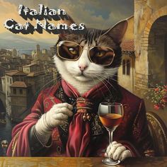 a painting of a cat wearing sunglasses and holding a wine glass with the caption italian cafe names