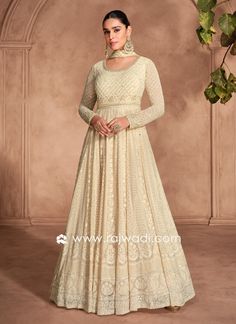 Georgette Cream Embroidered Anarkali With Dupatta... Anarkali Dress, Suit Designs, Jodhpur, Salwar Kameez, Wedding Suits