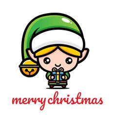 an elf with a christmas present in his hand and the words merry christmas on it