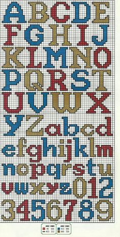 a cross stitch pattern with the letters and numbers in red, white, and blue