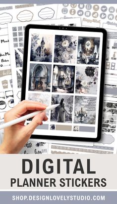 the digital planner stickers are shown on top of a tablet with an image of a castle