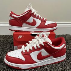 Nike Dunk Low Retro Sp “St. John’s” Red Varsity Size 10.5 Og All Excellent Condition (Minus A Slight Mark On Toebox; See Pics) Red Dunks, Nike Dunk Low, Dunk Low, Nike Dunk, Nike Dunks, St John, Nike Men, Nike Shoes, Red White