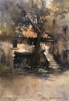 watercolor painting of a tree and stairs in front of a building on a sunny day