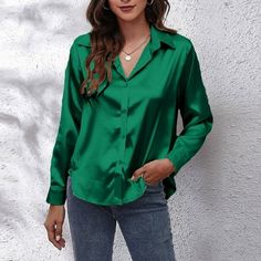 Women Fashion Turndown Collar Long Sleeve Solid Color Casual Shirt Tee Tops Features: Features: Casual Tops,Long Sleeve,Hedging,Solid Color Tops,Casual tops,Stylish and fashion design,Summer casual Blouse. Material:Polyester. Polyester fiber ,Made from fabric, lightweight soft and comfortable. The Solid Color design makes it more Summer and attractive to wear. Occasion: Casual,Daliy, Birthday,Dating, Dance Performance,Party, Wedding, For work, At home Vacationand more. Suit for,Winter and Spring Silk Long Sleeve Blouse, Satin Bluse, Fall Blouse, Boho Floral Dress, Women's Casual Style, Satin Shirt, Satin Blouse, Summer Fabrics, Outfit Casual