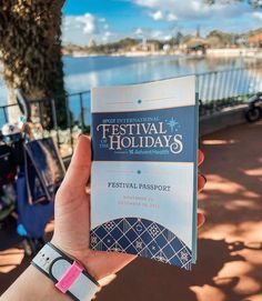 a person holding up a book in front of a body of water that says festival holidays