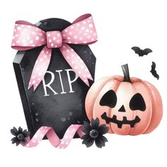 a watercolor painting of two pumpkins and a tombstone with the word rip on it