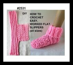 two crocheted slippers are shown with the text how to crochet easy, worked flat slippers all sizes