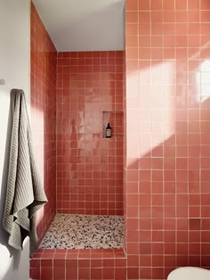 a red tiled bathroom with a white toilet and shower head mounted to the side of the wall