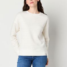 The subtle grid texture of this Free Country women's pullover sweatshirt adds a unique twist to your everyday style. It's made from breathable knit and has a regular-fit, a crew neckline, and long cuffed sleeves. Style it with jeans for a casual look. Features: BreathableClosure Type: Pullover HeadFit: Regular FitNeckline: Crew NeckSleeve Length: Long SleeveSleeve Style: Cuffed SleeveApparel Length: 24 Inches - BackFiber Content: 75% Polyester, 25% RayonFabric Description: KnitFilling Content: 1 Long Sleeve Cotton Sweatshirt In Cream, White Long Sleeve Sweatshirt With Kangaroo Pocket, Comfortable Beige Long Sleeve Sweatshirt, Cream Cotton Long Sleeve Sweatshirt, White Moisture-wicking Long Sleeve Sweatshirt, Grid Texture, Sleeves Style, Country Women, Large Shirts