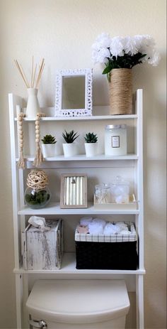 a white toilet sitting in a bathroom next to a shelf filled with plants and other items