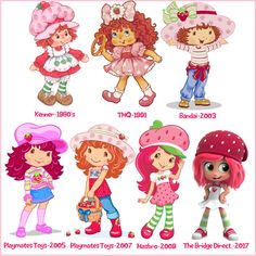 cartoon girls with different hats and dresses for the summertime time, including strawberrys