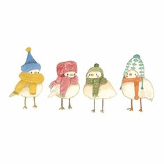 three little birds wearing hats and scarves