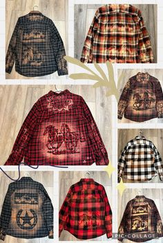 many different types of flannel shirts are shown in multiple pictures, one is red and the other is black