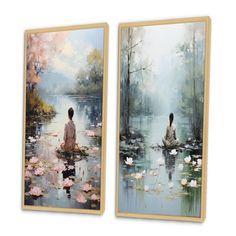 two paintings depicting people sitting in water lilies