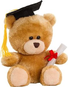 a brown teddy bear wearing a graduation cap and gown