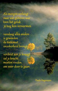 an image of a lake with trees in the background and a poem written on it