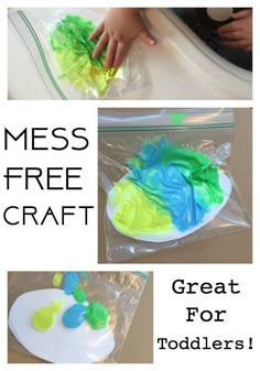 this is a collage of images with the words mess free craft and an image of a child's hand