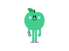 an apple with a face and arms is standing in front of a white background,