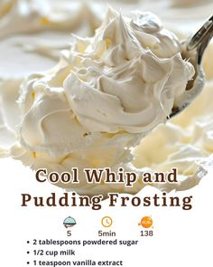 a spoon full of whipped cream with the words cool whip and puddinging frosting