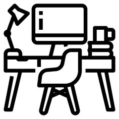 a black and white drawing of a desk with a computer on it, in front of a chair