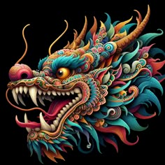 a colorful dragon head with intricate designs on it