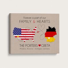 a book with an american and german map on it's cover, which reads forever a part of our family & hearts