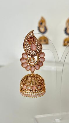 Festive Jeweled Pink Earrings, Festive Pink Jeweled Earrings, Jeweled Jhumkas For Party And Festivals, Jeweled Jhumkas For Festivals And Party, Bohemian Stone Work Earrings For Parties, Jeweled Party Jhumkas For Festivals, Bohemian Party Earrings With Stone Work, Pink Jeweled Wedding Earrings, Traditional Pink Beaded Earrings For Festive Occasions