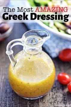 Glass bottle of Greek Salad Dressing with Greek salad ingredients in background. Healthy Dressing Recipes, Mediterranean Diet Recipes Dinners, Salad Dressing Recipes Healthy, Easy Mediterranean Diet Recipes, Salad Dressing Recipes Homemade, Greek Salad Recipes